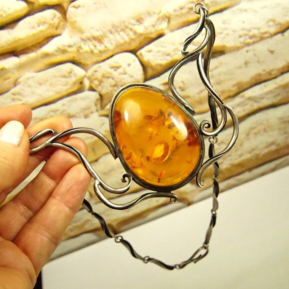 Giant Amber & 925 Sterling Silver Link Necklace - Rare Gift For Women - Picture 8 of 10
